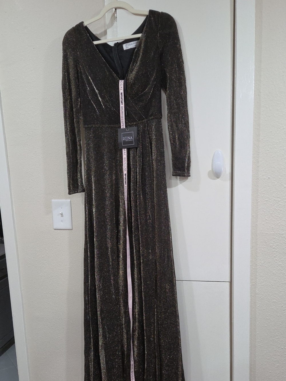 Ieena By Macdugall  Long Sleeve V-Neck Metallic Maxi Dress in Dark Bronze
